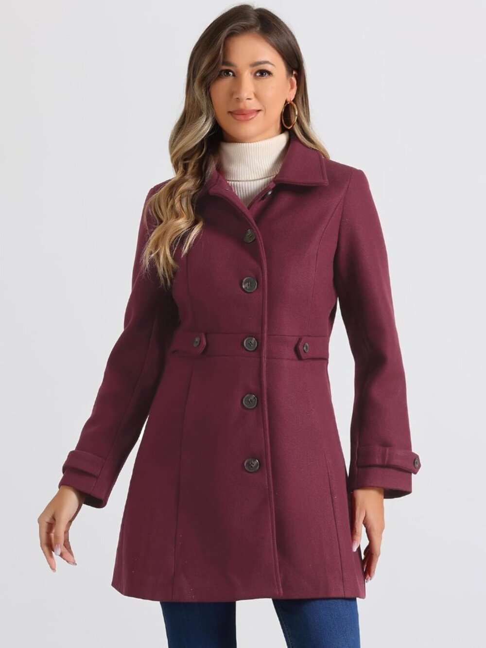 Women's Burgundy 100% Polyester Single Breasted Fully Lined Mid-Length Pea Coat - Picture 2 of 5